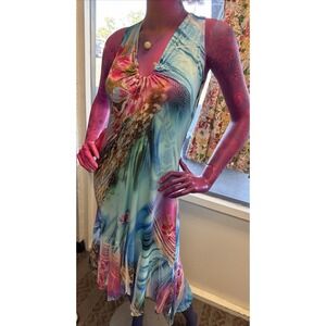 Allie Ollie Colorful Rhinestone Print Dress resortwear Ruched Neckline M USA
